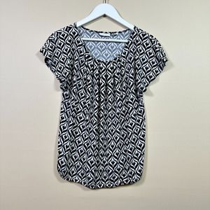 New York & Company Blouse Top Geometric Print Stretch Short Sleeve‎ Size M